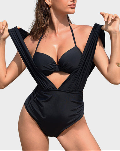 Two-Piece Deep Plunge Swimsuit with Halter Bra Overlay