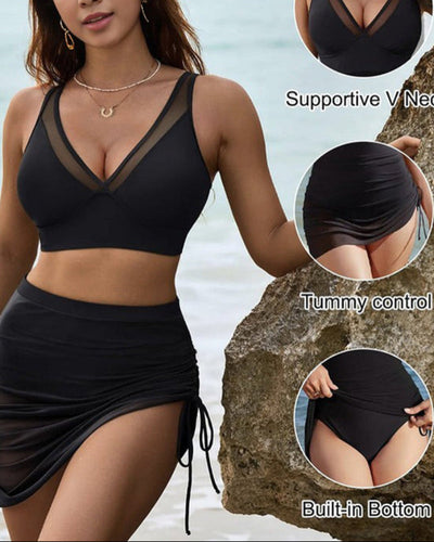 Mesh High Waisted Tummy Control Sarong Wraps Bikini Set