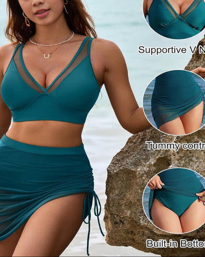 Mesh High Waisted Tummy Control Sarong Wraps Bikini Set