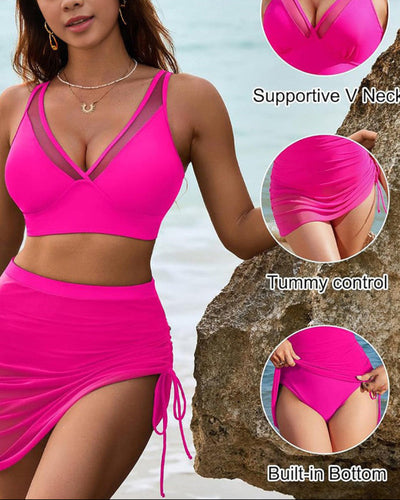 Mesh High Waisted Tummy Control Sarong Wraps Bikini Set