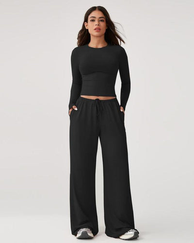 Women’s 2-Piece Activewear Set: Long-Sleeve Crop Top & Wide-Leg Pants | Stretchy Yoga/Workout/Running Clothes