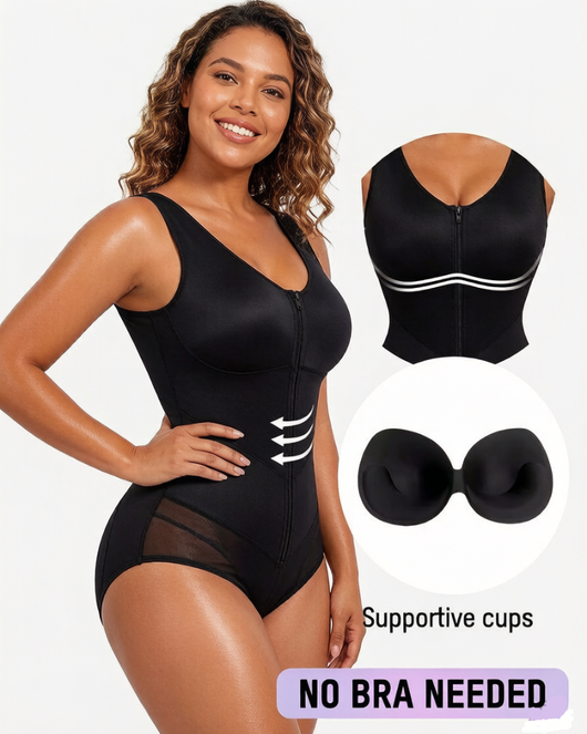 Front-zip body shaper with tummy control and smoothing fit.