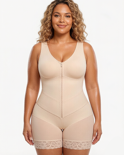 Front-zip body shaper with tummy control and smoothing fit.
