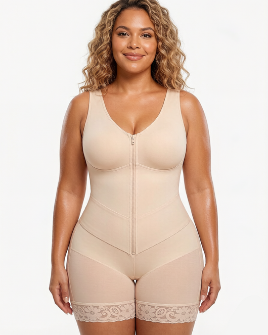 Front-zip body shaper with tummy control and smoothing fit.