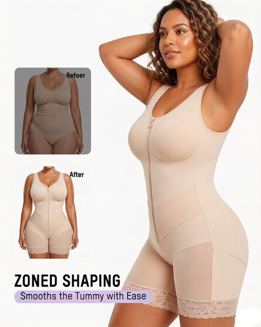 Front-zip body shaper with tummy control and smoothing fit.